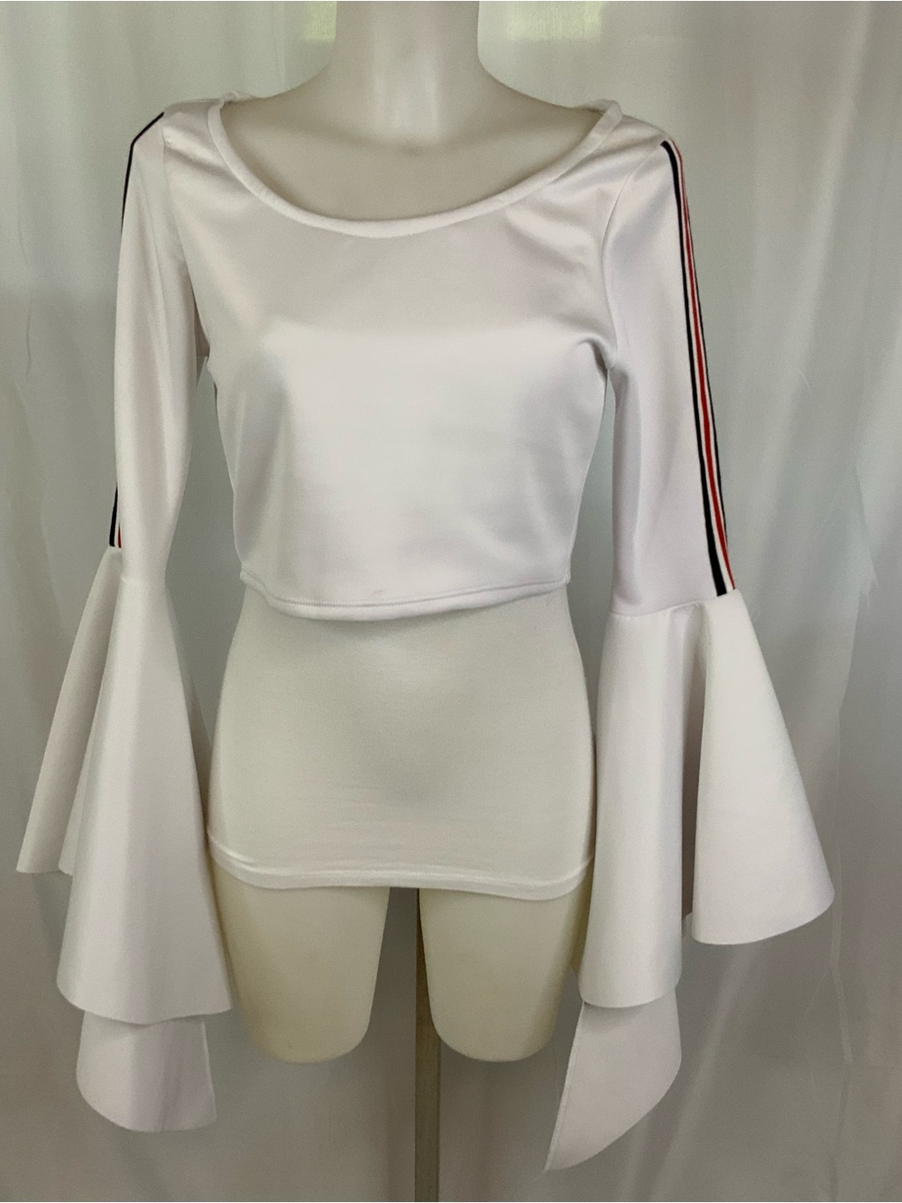 White Crop Top with Flared Sleeves and Striped Detail